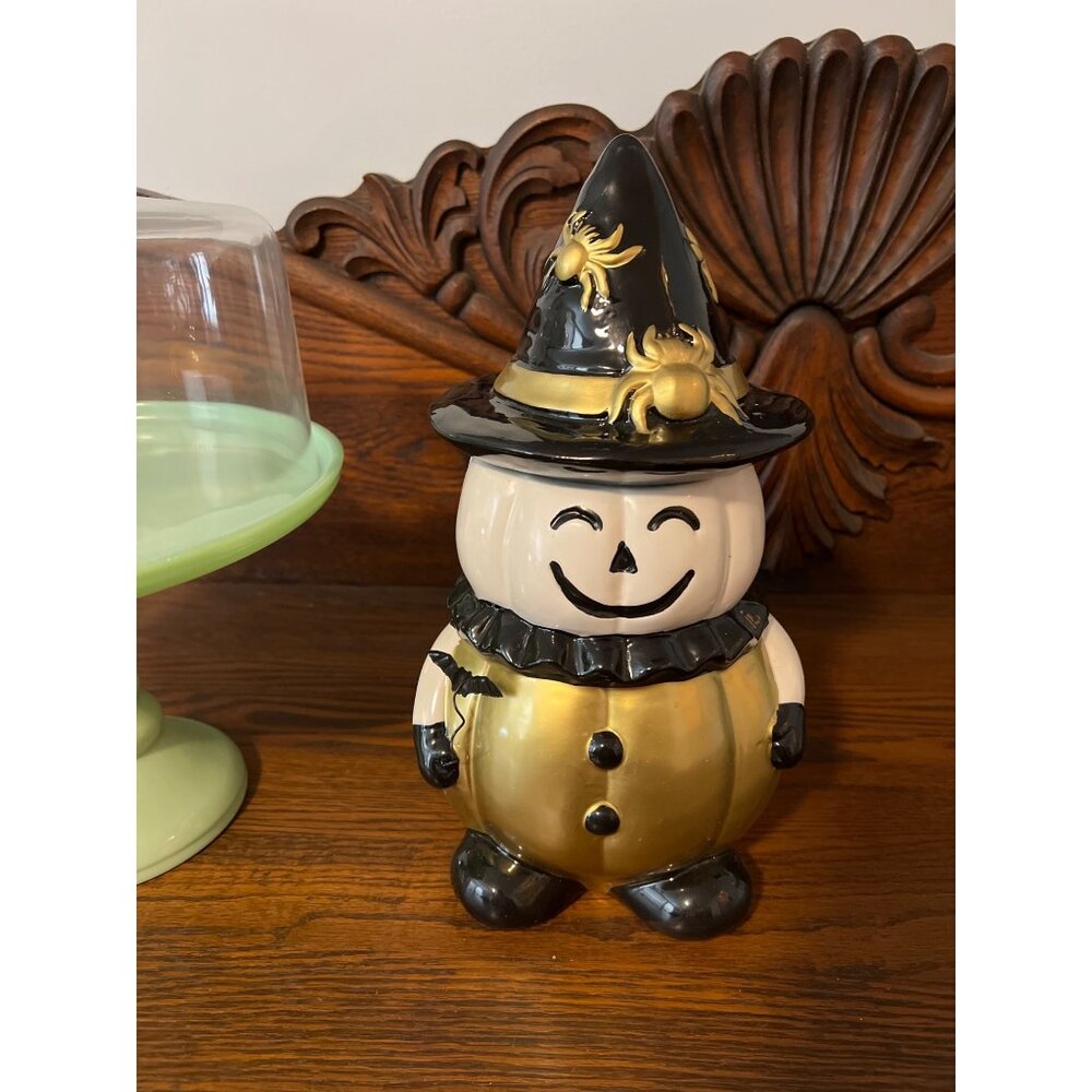 Ceramic Pumpkin Cookie Jar Witch Hat Lid Halloween Decor Gold Black
